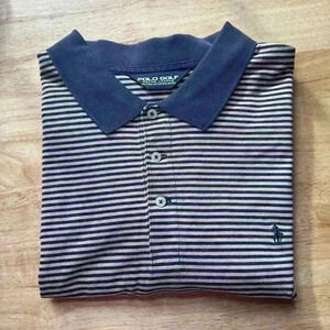 Vintage Men's Polo Golf Tan & Navy Striped  Short‎ Sleeve Cotton Polo Size XL